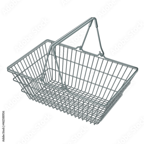 Realistic metal empty supermarket shopping basket side view isolated on white. Basket market cart for sale with handles. vector illustration