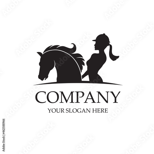 monochrome icon of horse head and woman isolated on white background