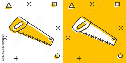 Saw blade icon in comic style. Working tools cartoon vector illustration on white isolated background. Hammer splash effect business concept.