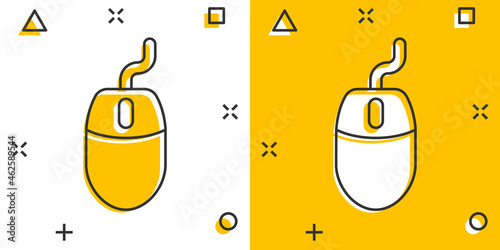 Computer mouse icon in comic style. Cursor cartoon vector illustration on white isolated background. Pointer splash effect business concept.