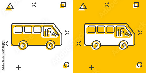 Bus icon in comic style. Coach cartoon vector illustration on white isolated background. Autobus vehicle splash effect business concept.