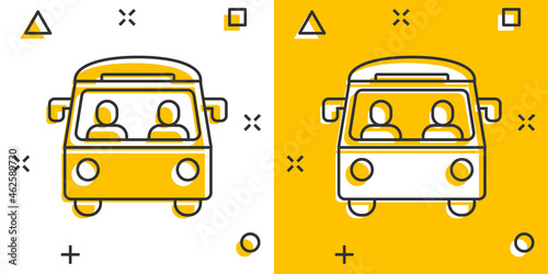 Bus icon in comic style. Coach cartoon vector illustration on white isolated background. Autobus vehicle splash effect business concept.