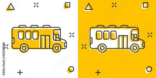 Bus icon in comic style. Coach cartoon vector illustration on white isolated background. Autobus vehicle splash effect business concept.