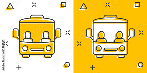 Bus icon in comic style. Coach cartoon vector illustration on white isolated background. Autobus vehicle splash effect business concept.