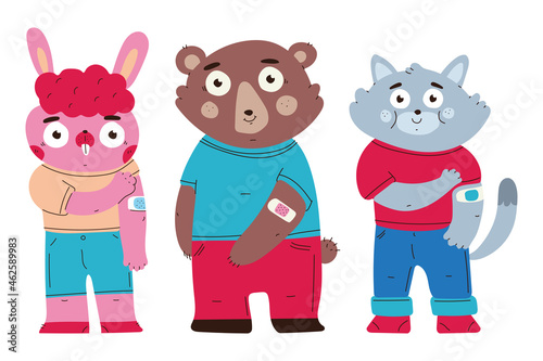 Vaccination vector cartoon concept illustration with cute animals characters isolated on a white background.