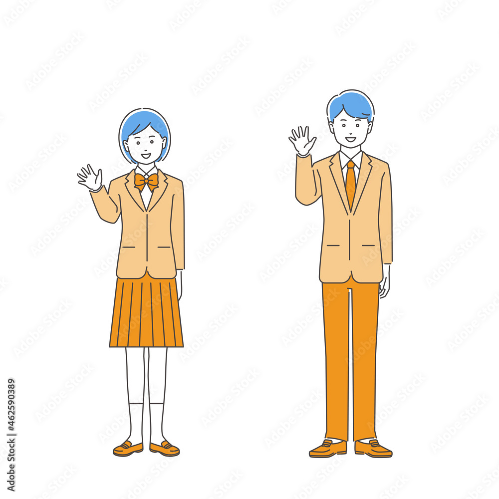 笑顔で手を振る制服姿の学生・男女 3色 笑顔で手を振る制服姿の学生・男女 3色