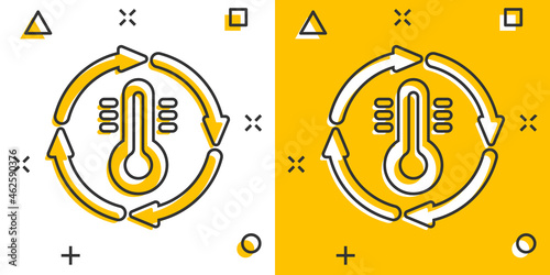 Thermometer climate control icon in comic style. Meteorology balance cartoon vector illustration on white isolated background. Hot, cold temperature splash effect business concept.