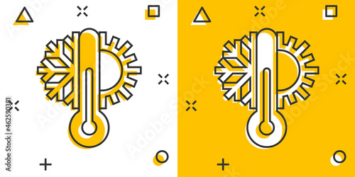 Thermometer climate control icon in comic style. Meteorology balance cartoon vector illustration on white isolated background. Hot, cold temperature splash effect business concept.