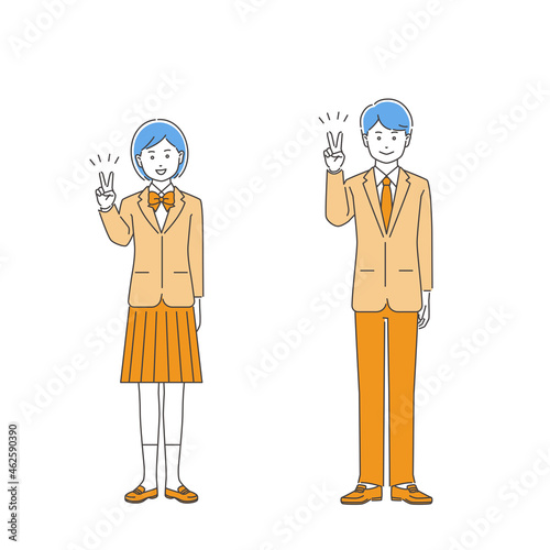 Vサインの制服姿の学生・男女　3色