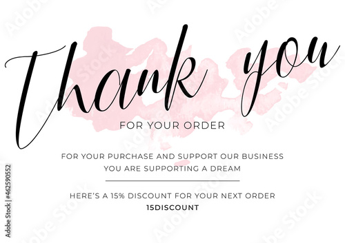 Template for thank you note, design elements. Calligraphy handwritten letters, soft pink colors, abstract watercolor blob. Thank you for your purchase business card, creative vector illustration.