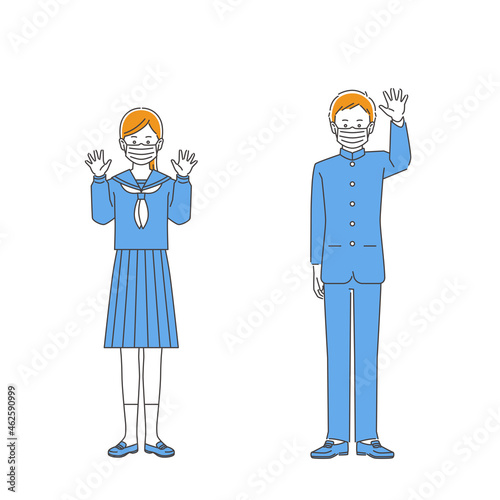 マスクをつけた制服姿の学生・男女　3色