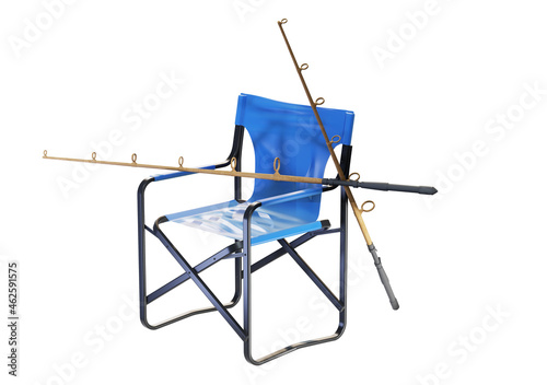 Fisher seat  folding chair and fishing pole. Isometric camping objects and scenes  monochrome yellow camping equipment on green background  3D Rendering  hunting and camping