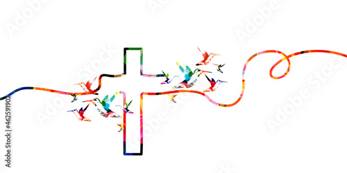 Christian cross with hummingbirds isolated vector illustration. Religion themed background. Design for Christianity, prayer and care, church service, communion, charity, help and support