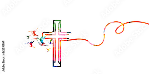 Christian cross with hummingbirds isolated vector illustration. Religion themed background. Design for Christianity, prayer and care, church service, communion, charity, help and support