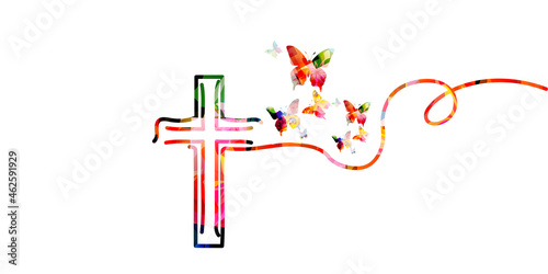 Christian cross with butterflies isolated vector illustration. Religion themed background. Design for Christianity, prayer and care, church service, communion, charity, help and support