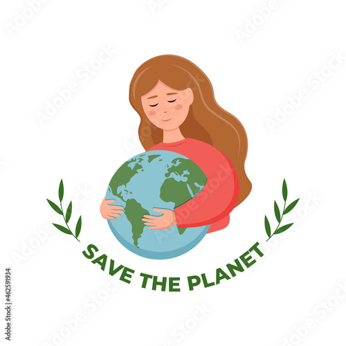 Let's save the planet. Cute girl hugs the planet Earth. Environment conservation saving concept. Earth day. Vector illustration isolated on white background.
