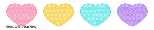 Set of popit hearts in style a fashionable silicon fidget toys. Addictive antistress toy in pastel colors - pink, blue, yellow, purple. Bubble sensory developing pop it for kids fingers. Isolated