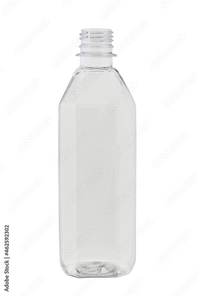 Transparent, plastic, empty beverage bottle. Long shape, isolated on a white background. Transparent, plastic, empty beverage bottle. Long shape, isolated on a white background.