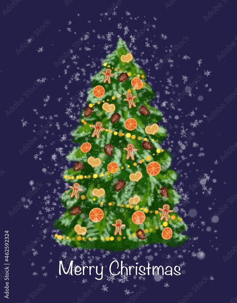 Christmas tree with natural toys made of gingerbread man, gingerbread, dry orange, garland on a blue background. Illustration for Christmas card, banner. Christmas tree with natural toys made of gingerbread man, gingerbread, dry orange, garland on a blue background. Illustration for Christmas card, banner.