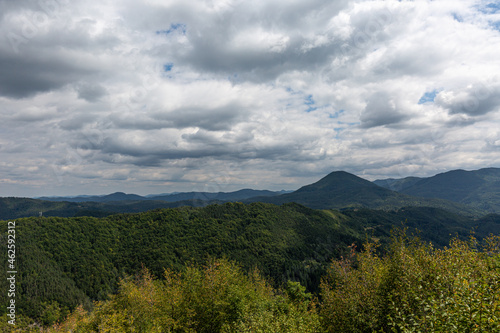 View to mountain and forest with cloudy sky