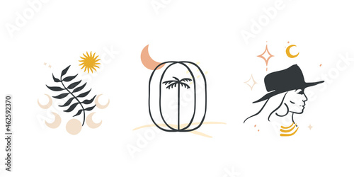 Three abstract vector illustrations in trendy boho style. Isolated bohemian poster, card, concepts with natural elements on a white background.