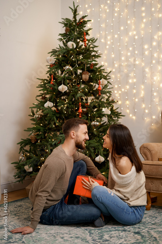 Two cheerful lovely sweet tender beautiful adorable cute romantic married spouses husband and wife enfolding near fir tree in house holding gift boxes
