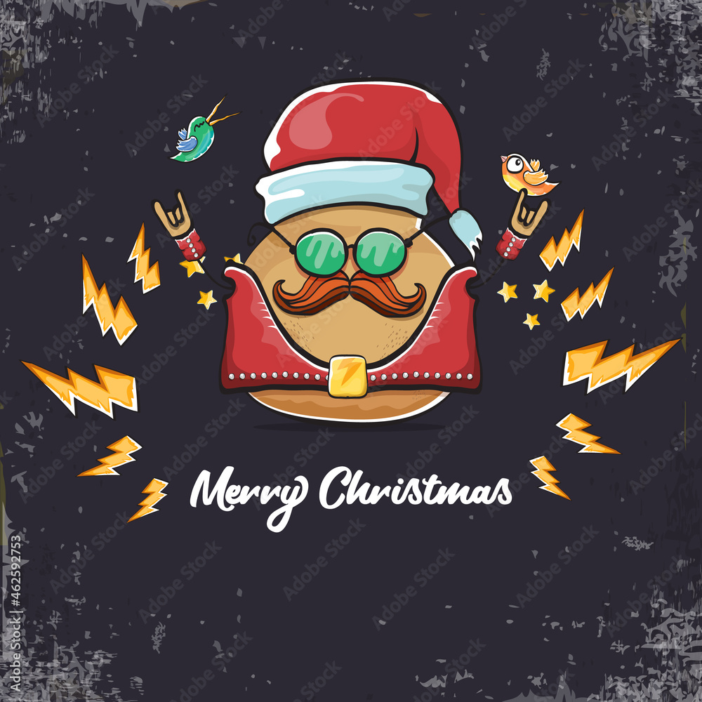 Fototapeta premium vector rock star santa potato funny cartoon cute character with with red santa hat and calligraphic christmas text isolated on grey background. rock n roll christmas party poster