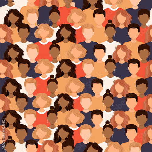 Seamless pattern with crowd of diverse people. Group of men and women. Social diversity, society. Vector illustration in a flat style.
