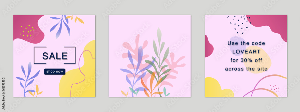 Trendy abstract square art templates with floral and geometric elements. Suitable for social media posts, mobile apps, banners design and web/internet ads. Vector fashion backgrounds