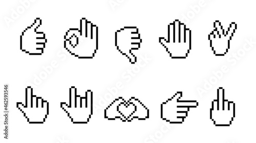 Pixel hand signs. Ok and heart symbol showing middle finger and goat rock sign approval and denial gesture palm raised warning symbolism and different vector directions indicated