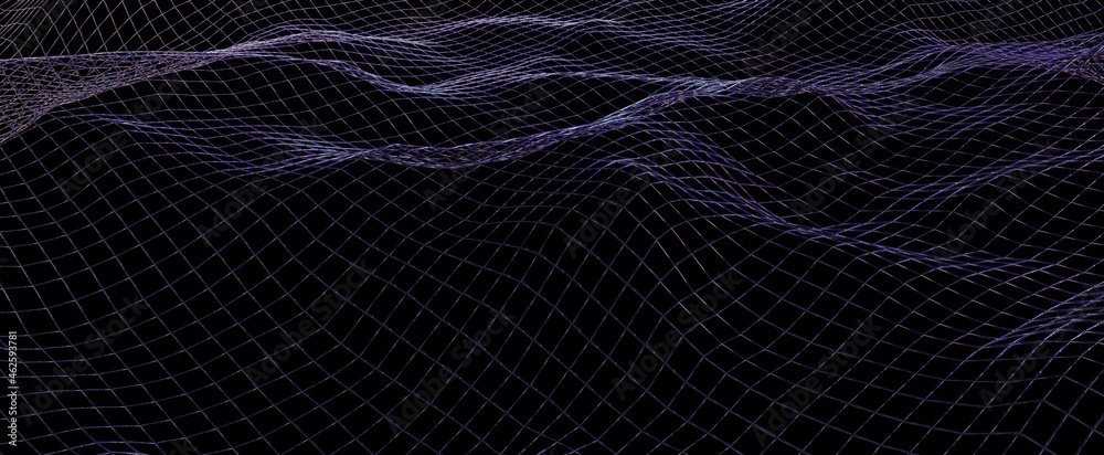 Dark mesh waves neon with flares of background. Glow grid purple water 3d render splashes with blue glow of urban futuristic city lights. Simple shimmer with reflections of synthwave electro effects