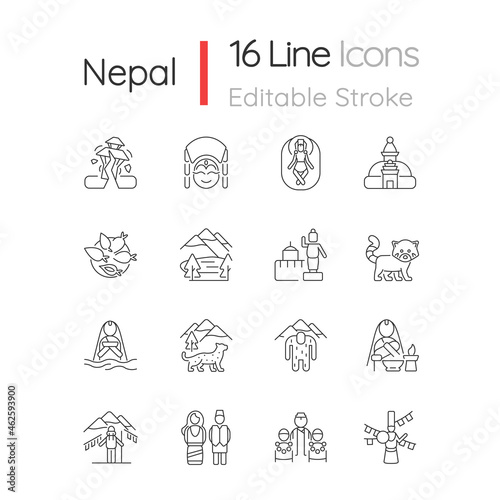 Nepal cultural heritage linear icons set. Religious festivals. Tourist attractions. Mountaineering. Customizable thin line contour symbols. Isolated vector outline illustrations. Editable stroke
