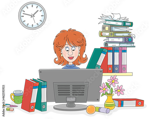 Cute young woman sitting at her desk with documents in folders and working at a desktop computer in an office of a human resources department, vector cartoon illustration isolated on white