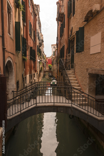 city view with narrow canal and bridges in Venice