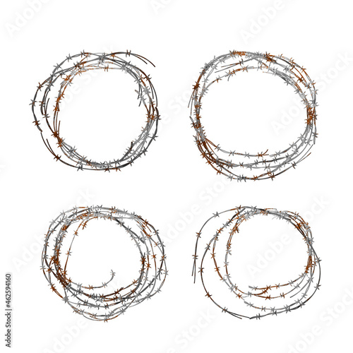 Set of different realistic hanks of metal glossy barbed wire with red rust on white