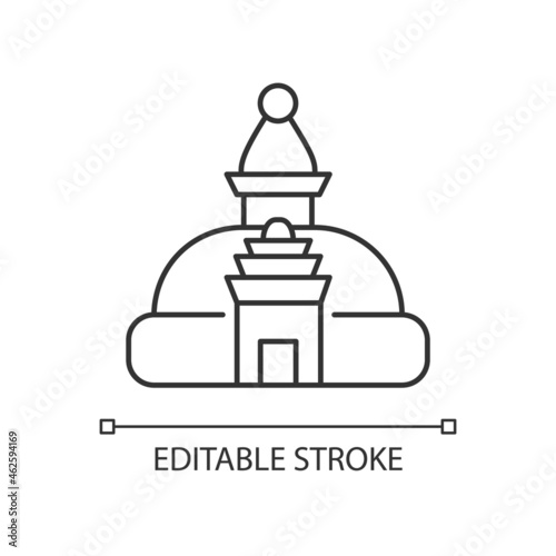 Swayambhu stupa linear icon. Monkey temple. Shrine with painted Buddha eyes. Nepal architecture. Thin line customizable illustration. Contour symbol. Vector isolated outline drawing. Editable stroke