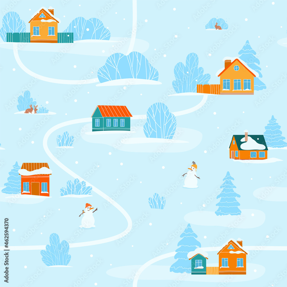 Seamless pattern with winter landscape and houses. Colorful vector illustration.