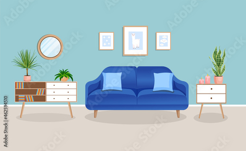Modern living room interior with furniture and home plants. Design of a cozy room with a sofa, plants and decor items. Vector flat style illustration. lounge room.