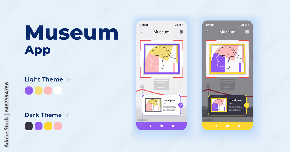 Museum cartoon smartphone interface vector templates set. Mobile app screen page day and dark mode design. VR exhibition. Gallery exposition online tour UI for application. Phone display Museum cartoon smartphone interface vector templates set. Mobile app screen page day and dark mode design. VR exhibition. Gallery exposition online tour UI for application. Phone display