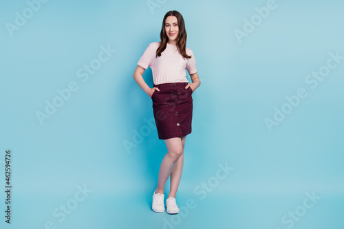 Full body photo of pretty brunette hair young girl happy positive smile casual outfit isolated over turquoise background