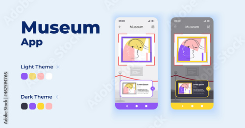 Museum cartoon smartphone interface vector templates set. Mobile app screen page day and dark mode design. VR exhibition. Gallery exposition online tour UI for application. Phone display