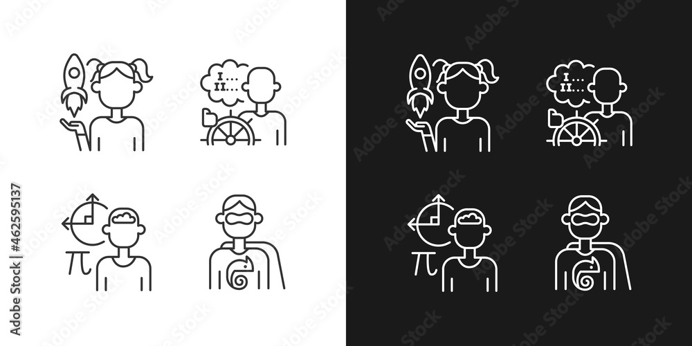 Kids talents linear icons set for dark and light mode. Personal development. Thin line contour symbols bundle. Customizable thin line symbols. Isolated vector outline illustrations. Editable stroke