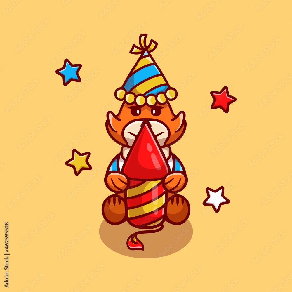 cute fox celebrating new year with fireworks rocket cute fox celebrating new year with fireworks rocket