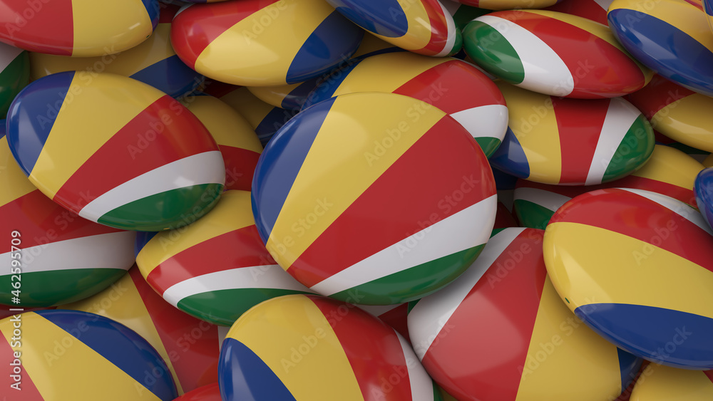 3d rendering of a lot of badges with the Seychellois flag in a close up view