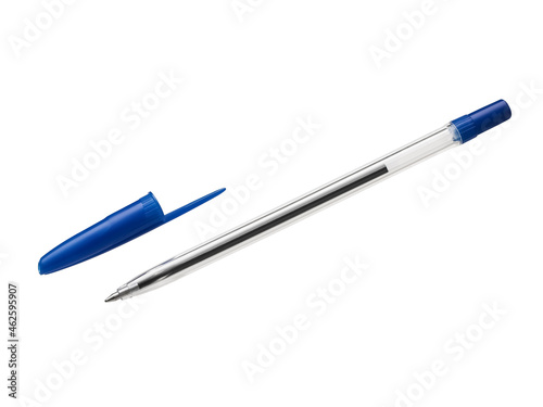 A simple blue ballpoint pen with an open cap in a transparent case, isolated on a white background. Stationery for school and office. Banner, advertising. A place to copy. photo