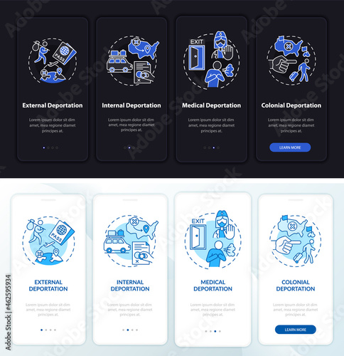 Different deportation onboarding mobile app page screen. Immigration problems walkthrough 4 steps graphic instructions with concepts. UI, UX, GUI vector template with night and day mode illustrations