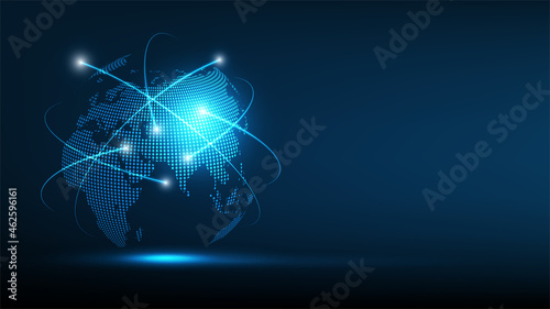 Global technology network connection background with copy space. World map points and line composition concept of global business