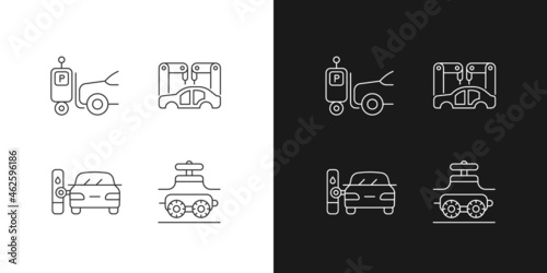 Automation in automobile industry linear icons set for dark and light mode. Self-driving forklift. Car assembly. Customizable thin line symbols. Isolated vector outline illustrations. Editable stroke