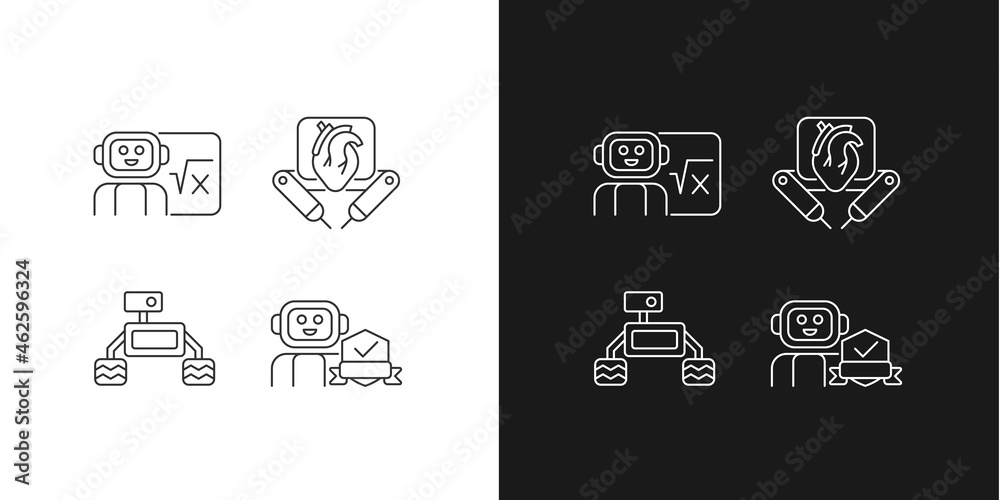 Robotics technology linear icons set for dark and light mode. Surgical robot. Robotic vehicle. Home safety. Customizable thin line symbols. Isolated vector outline illustrations. Editable stroke
