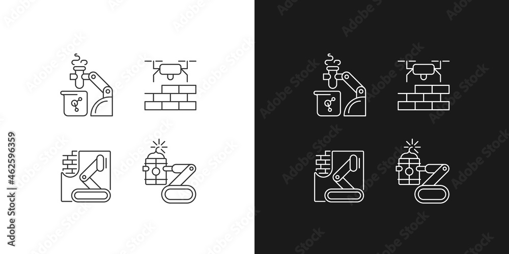 Automation in different industries linear icons set for dark and light mode. Lab assistance. Construction. Customizable thin line symbols. Isolated vector outline illustrations. Editable stroke Automation in different industries linear icons set for dark and light mode. Lab assistance. Construction. Customizable thin line symbols. Isolated vector outline illustrations. Editable stroke
